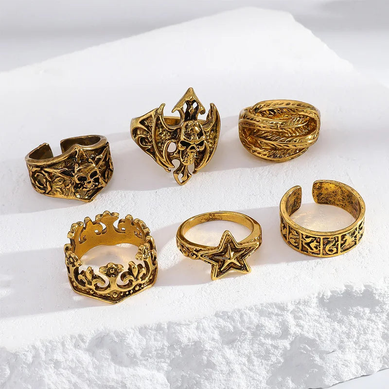 6pcs/set Halloween Jewelry Gothic Metal Skull Head Five Point Star Adjustable Ring for Men Punk Silver Color Rings Party Gift