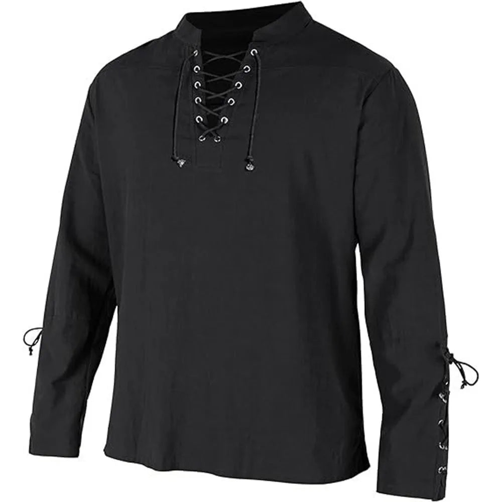 Men's Long Sleeve Shirts Lace Up V-neck Cuff Medieval Pirate Dress Up Streetwear Halloween Gothic Punk Style Men's Clothing