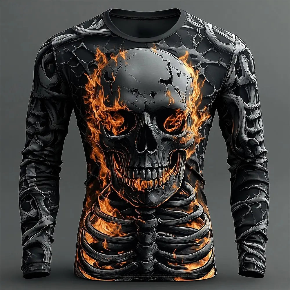 2025 Halloween Skeleton Print Long Sleeve T-Shirt for Men Gothic Trendy Streetwear Casual Tops Halloween Party Tees Fall Winter