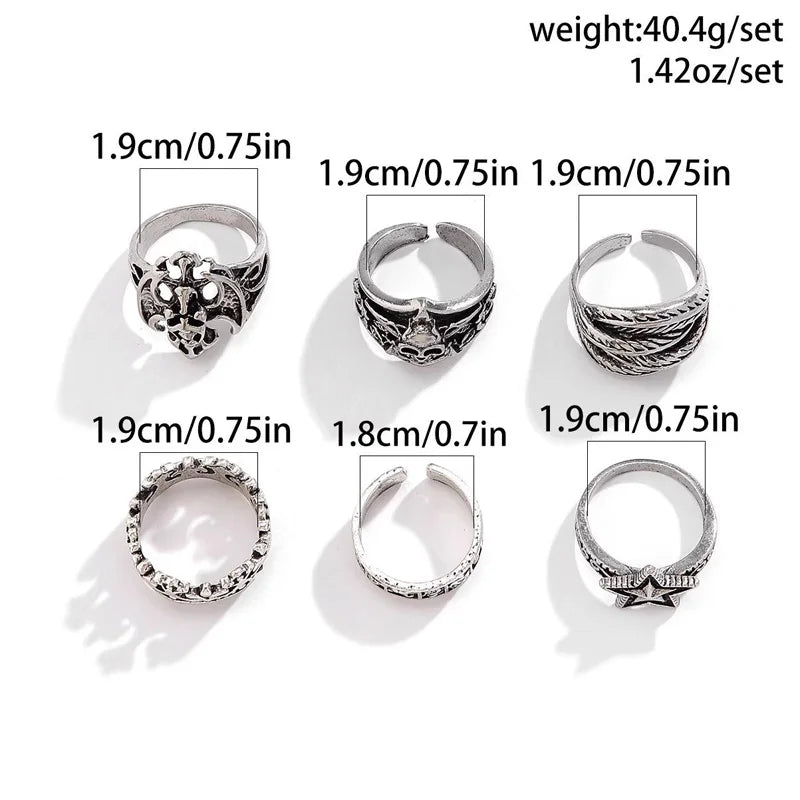 6pcs/set Halloween Jewelry Gothic Metal Skull Head Five Point Star Adjustable Ring for Men Punk Silver Color Rings Party Gift