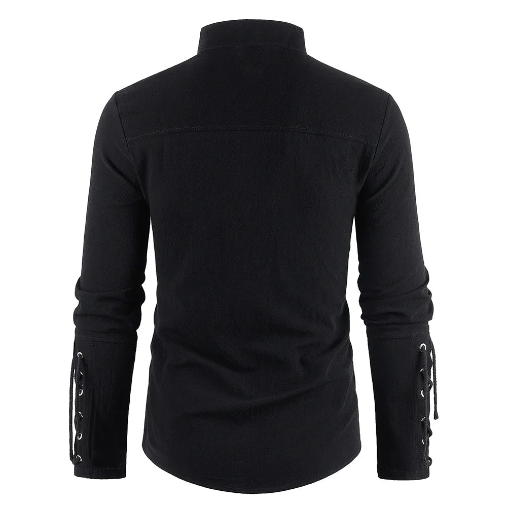Men's Medieval Pirate Dress Stylish Streetwear Halloween Gothic Style V-neck Tops Solid Color Cotton Linen Breathable T-shirt