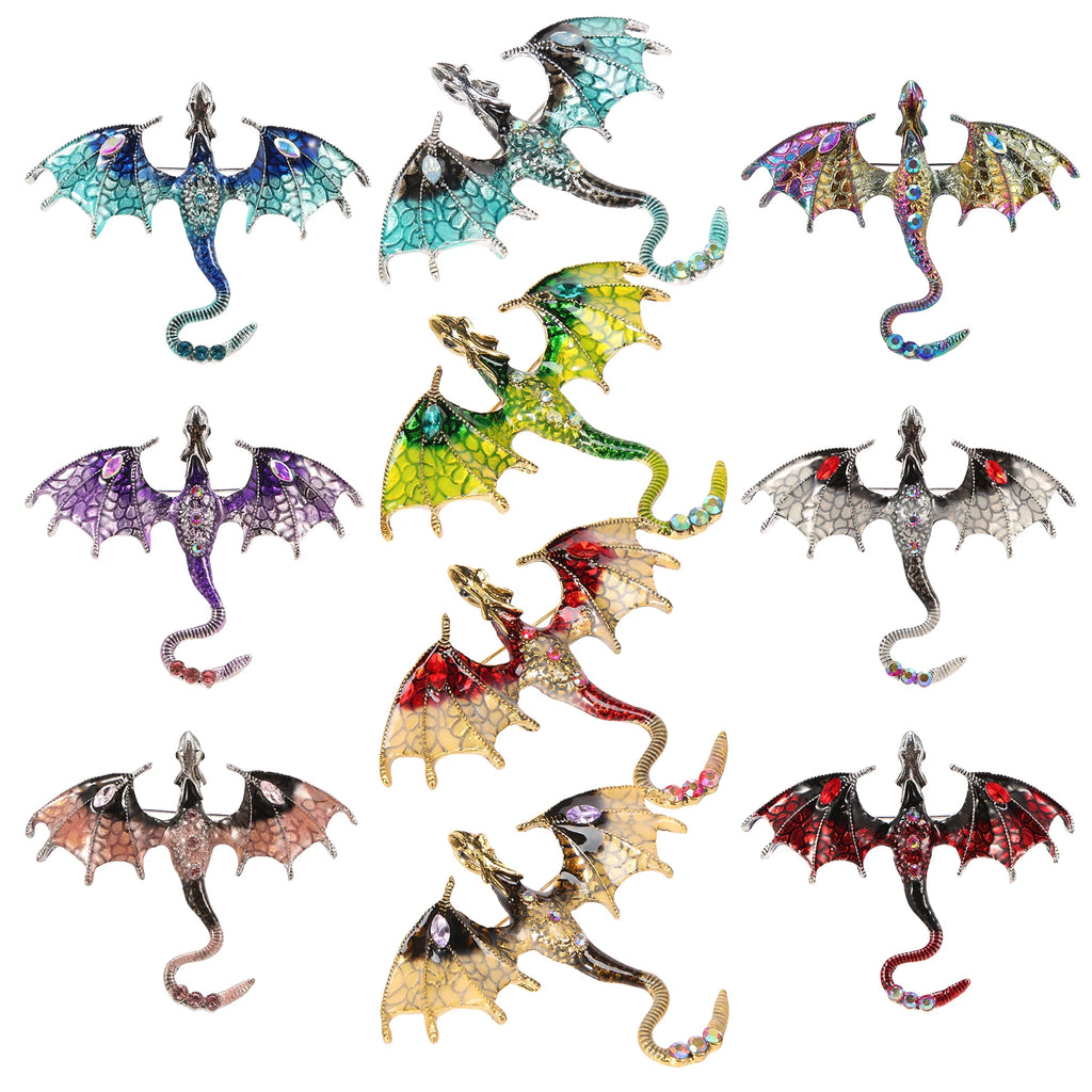 10Pcs Fashion Alloy Enamel Flying Dragon Shaped Brooch Pin Vintage Spread Wing Dragon Style Pendant Set for Necklace and Jewelry