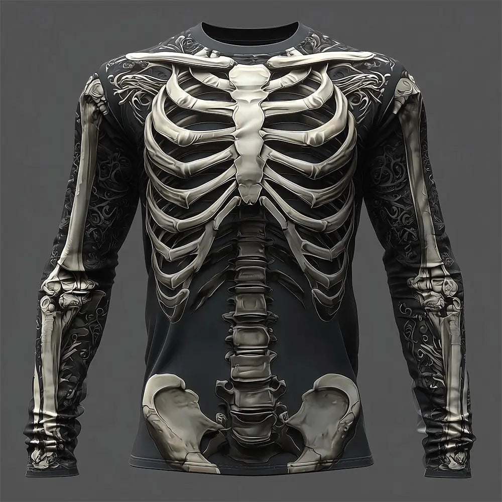 2025 Halloween Skeleton Print Long Sleeve T-Shirt for Men Gothic Trendy Streetwear Casual Tops Halloween Party Tees Fall Winter