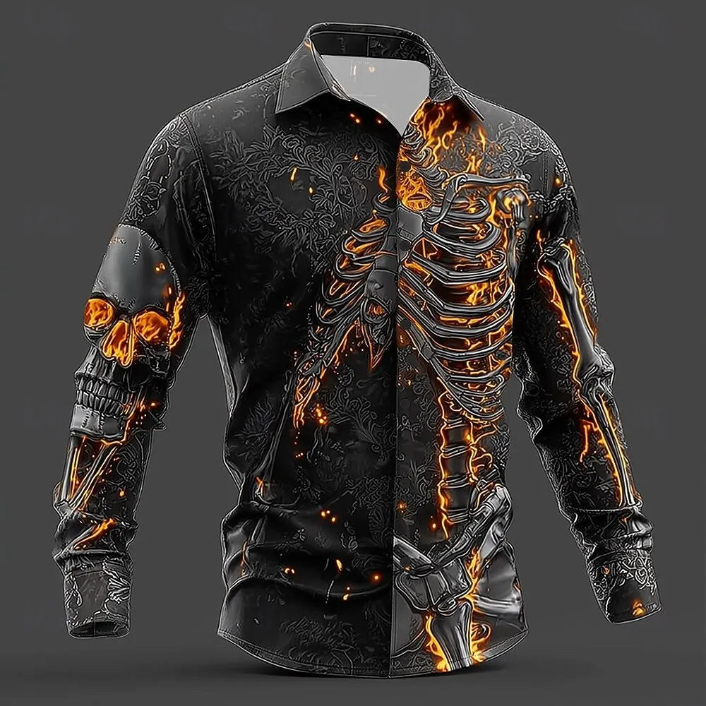 2025 Halloween Men's Skull Flame Halloween Costumes Shirt Button Up Shirt Long Sleeve Shirt Gothic Style Tops Fall Winter