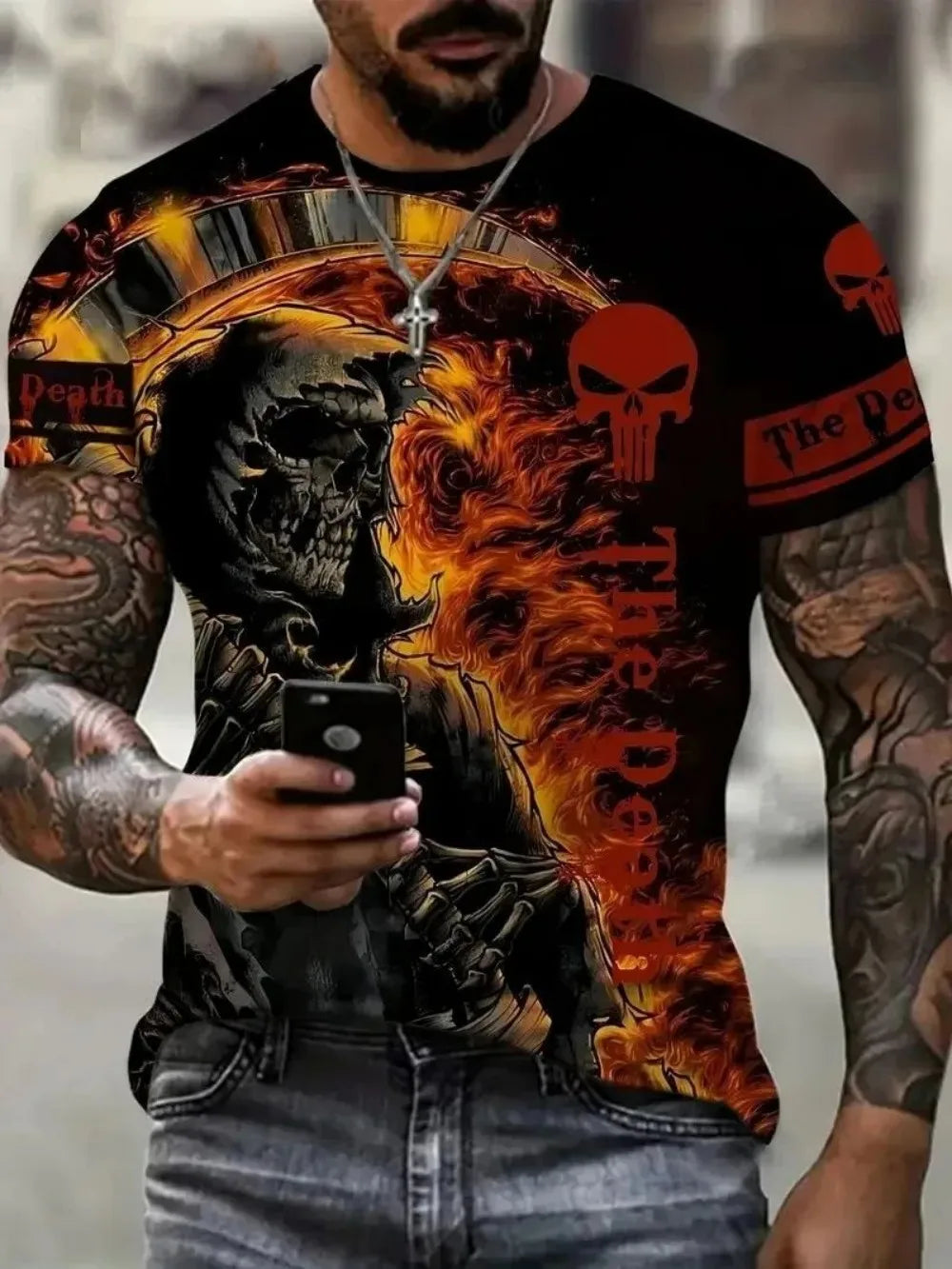 Horror Death Summer Men's Breathable Round Neck T-shirt Skull Print Halloween Street Hip Hop Casual Outdoor Top