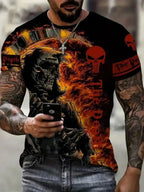 Horror Death Summer Men's Breathable Round Neck T-shirt Skull Print Halloween Street Hip Hop Casual Outdoor Top