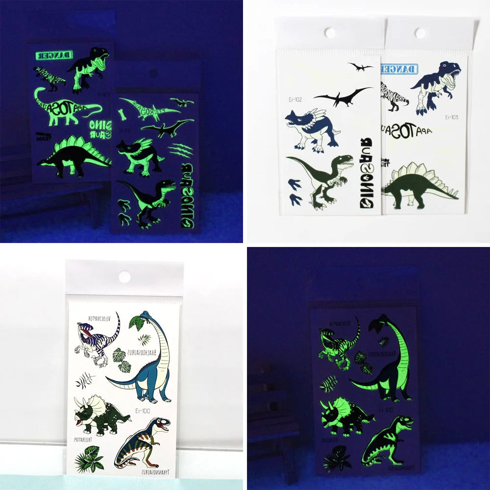 10 Sheets Luminous Dinosaur Temporary Tattoos, Waterproof Glow In The Dark T-Rex Pterosaur Velociraptor Triceratops Stegosaur De